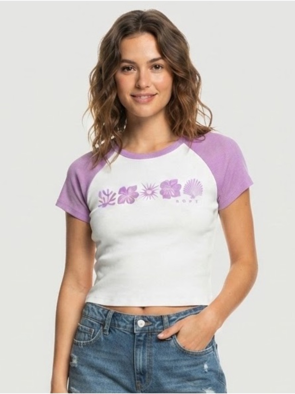 Roxy White & Lavender Raglan Floral Crop Top
